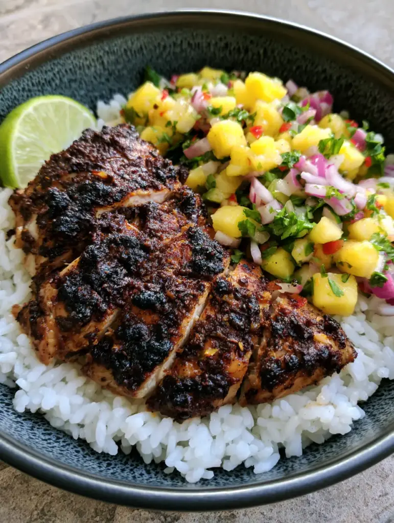Vibrant pineapple salsa with finely chopped red onion, cilantro, and red bell pepper in a Jerk Chicken Bowl.