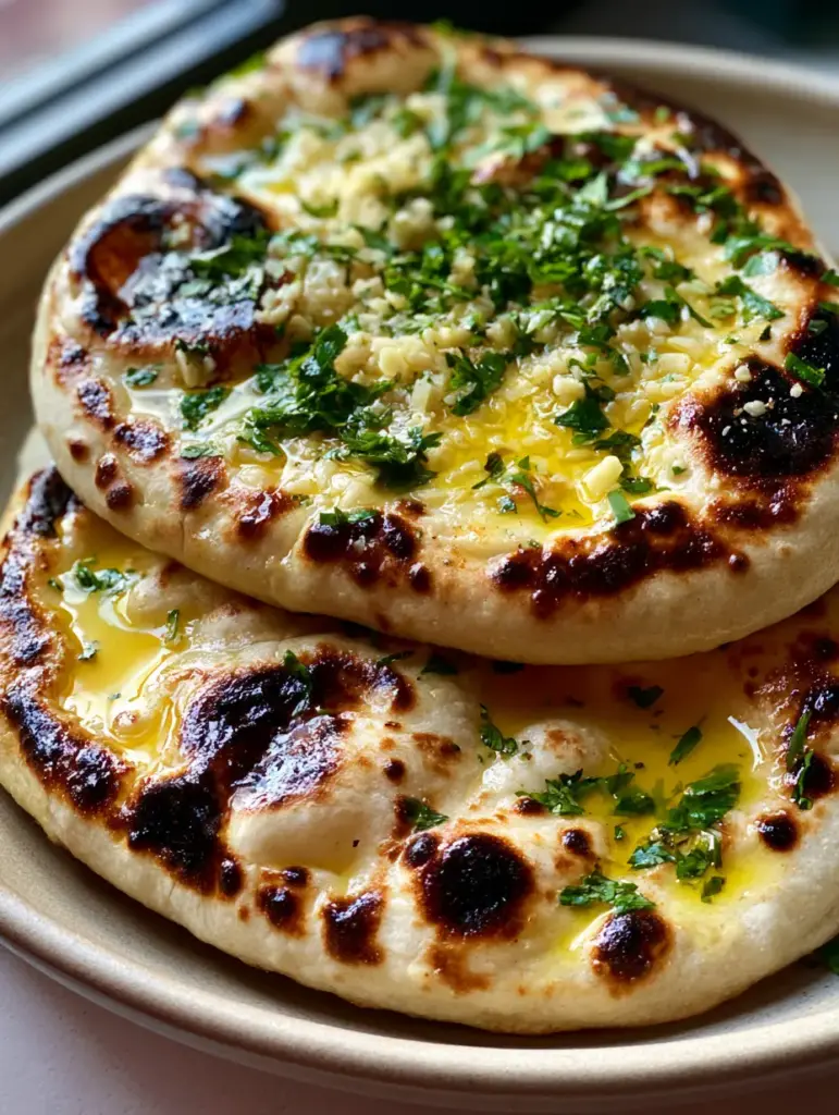A handheld smartphone photo of three teardrop-shaped Easy Garlic Naan Breads with minced garlic and cilantro.