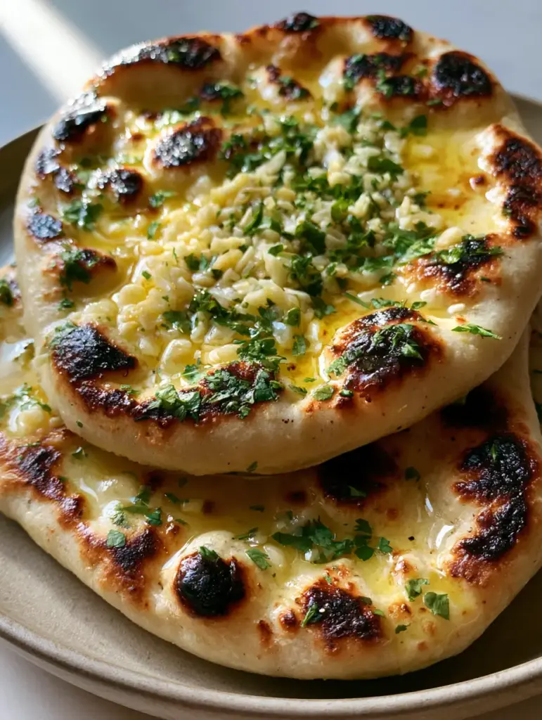 Close up of shimmering melted ghee and butter on the surface of Easy Garlic Naan Bread with cilantro flakes.