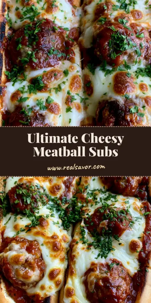 A close-up, top-down view of three Cheesy Meatball Subs in toasted hoagie rolls with melted mozzarella and provolone on parchment paper.
