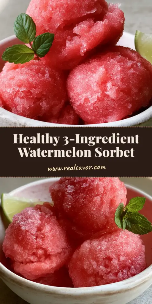 Three scoops of vibrant pink Watermelon Sorbet in a white bowl with mint and lime. (Watermelon Sorbet Recipe)