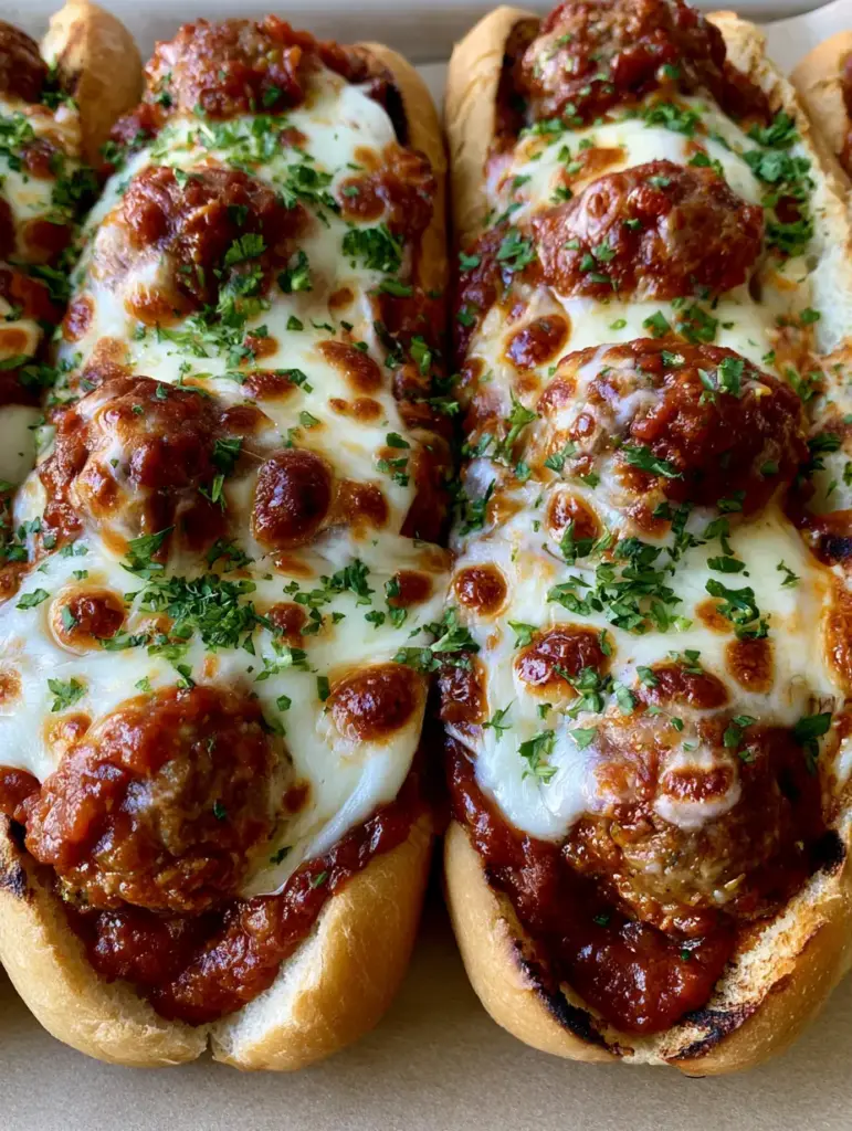 Top-down view of three beef meatballs nestled in toasted rolls, smothered in thick red marinara and melted cheese. (Cheesy Meatball Subs)