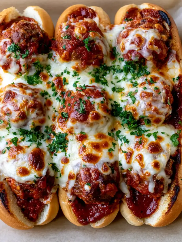 Detailed shot of melted white mozzarella with golden toasted bubbles on top of beef meatballs.