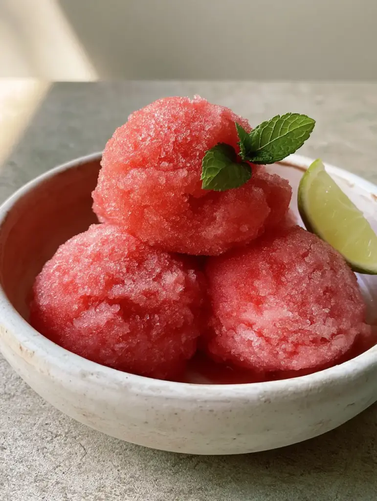Close-up of Watermelon Sorbet scoops showing icy, grainy texture and frost crystals. (Watermelon Sorbet Recipe)