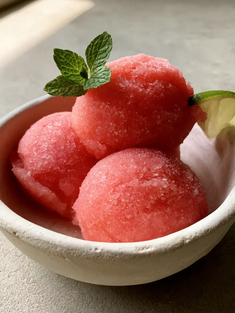 Watermelon Sorbet in a rustic white ceramic bowl on a stone countertop with a lime wedge garnish.