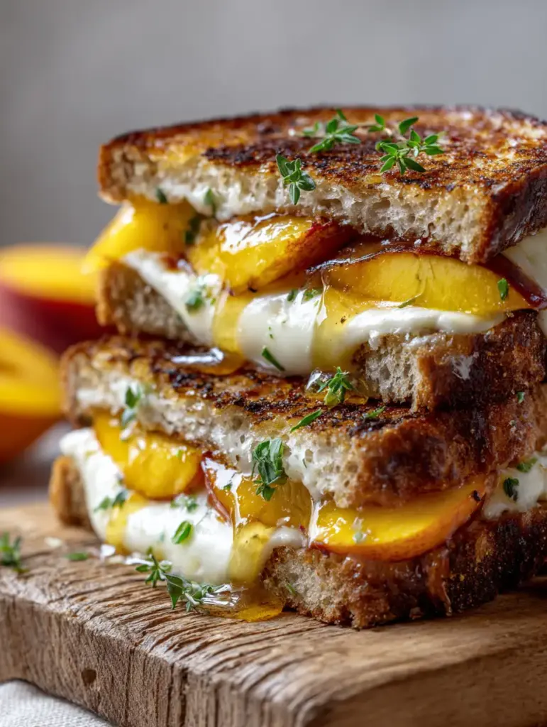 Handheld photo of a Peach and Brie Grilled Cheese showing the honey drizzle and fresh thyme leaves.