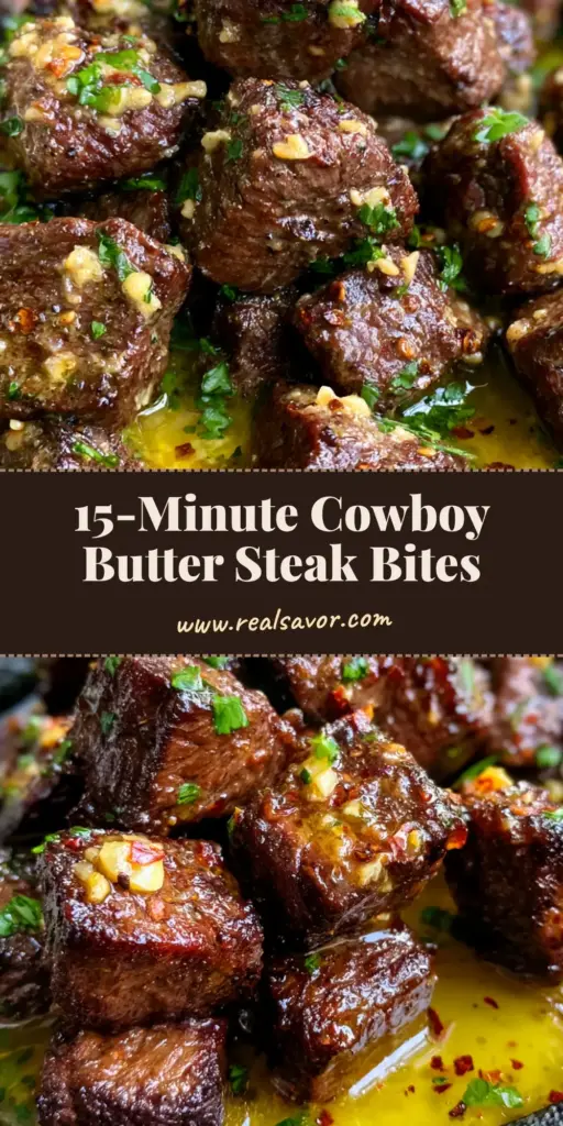 A close-up of seared Cowboy Butter Steak Bites glistening with garlic herb butter in a cast iron skillet.