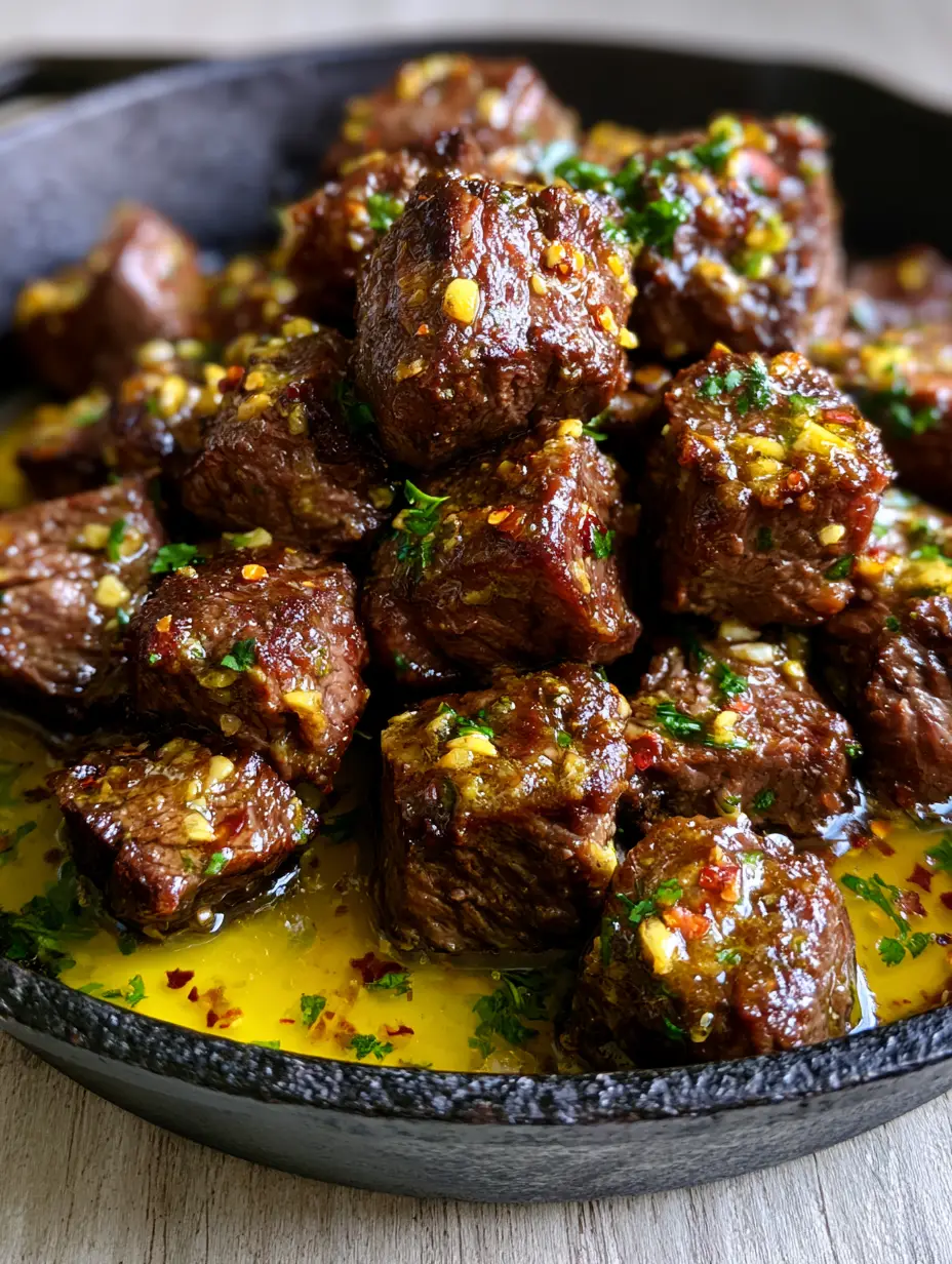 Close-up shot of bite-sized steak cubes with a deep brown seared crust and golden butter sauce. (Cowboy Butter Steak Bites)