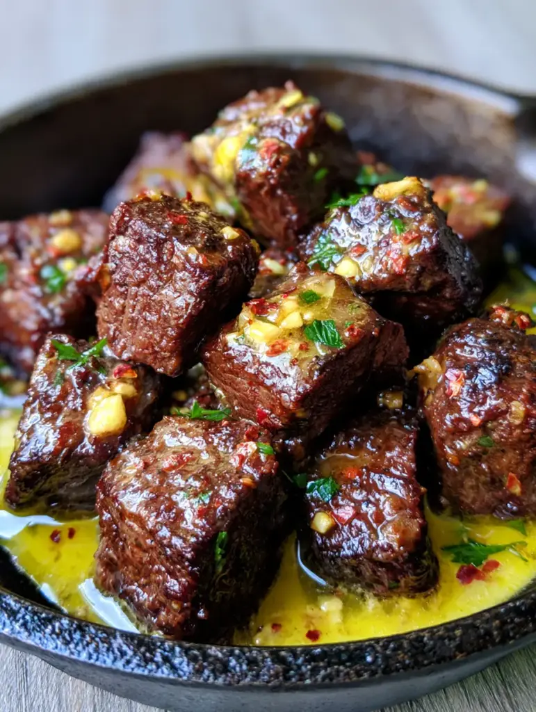 Cowboy Butter Steak Bites piled in a black cast iron skillet with parsley and red pepper flakes.
