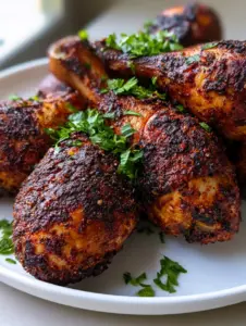 Close-up of mahogany-colored Oven-Baked Chicken Drumsticks featuring coarse black pepper and red spices.