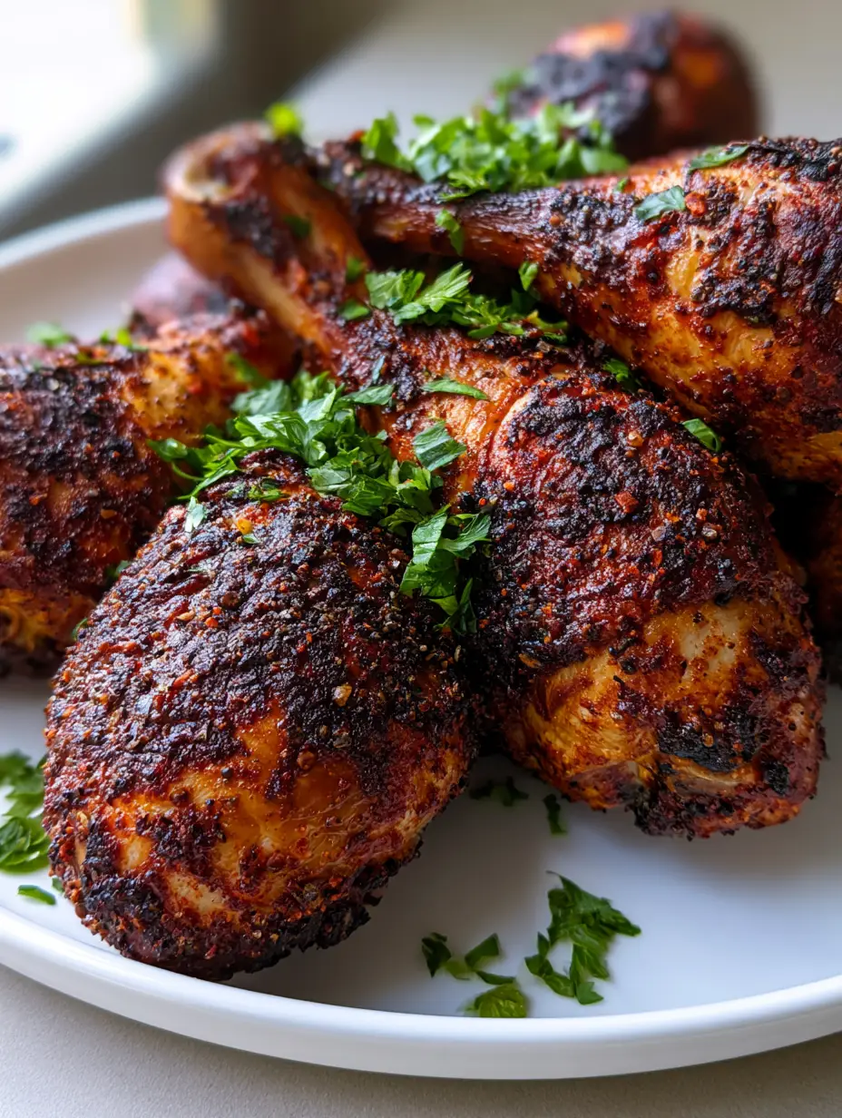 Close-up of mahogany-colored Oven-Baked Chicken Drumsticks featuring coarse black pepper and red spices.