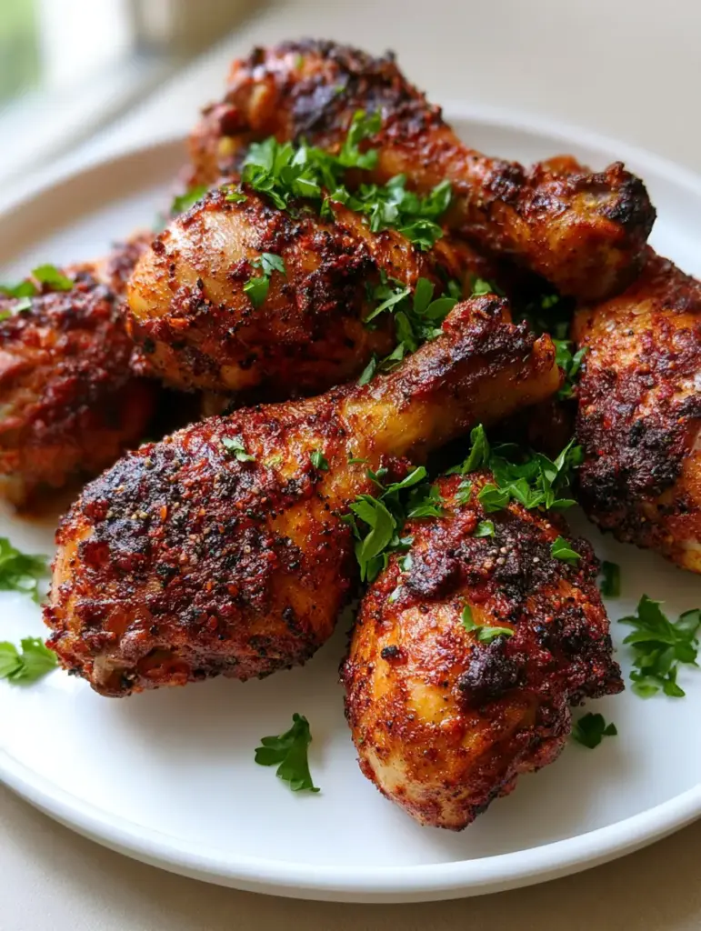 A pile of roasted chicken drumsticks on a white plate with green parsley garnish.