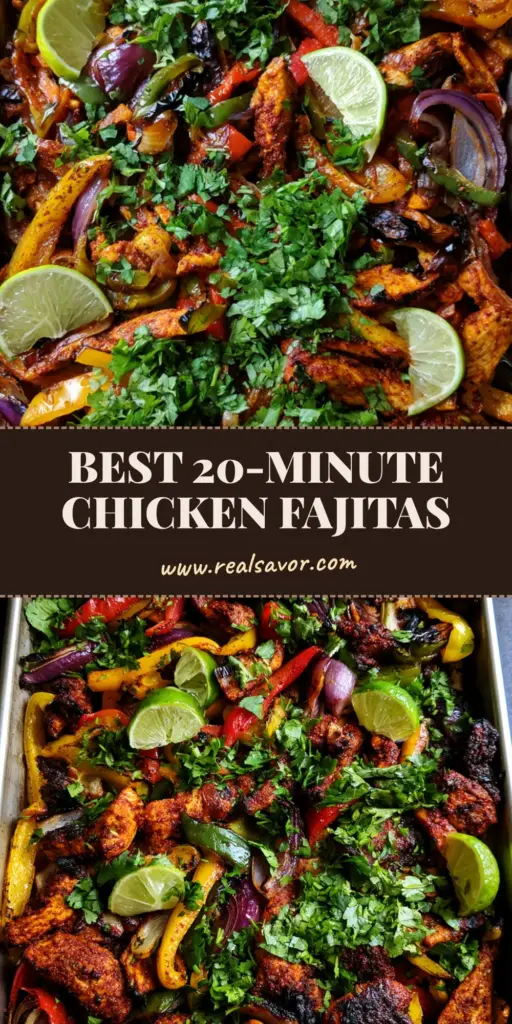 Top-down view of a metallic baking sheet filled with seasoned chicken fajitas, charred bell peppers, and fresh lime wedges. (Sheet Pan Chicken Fajitas)