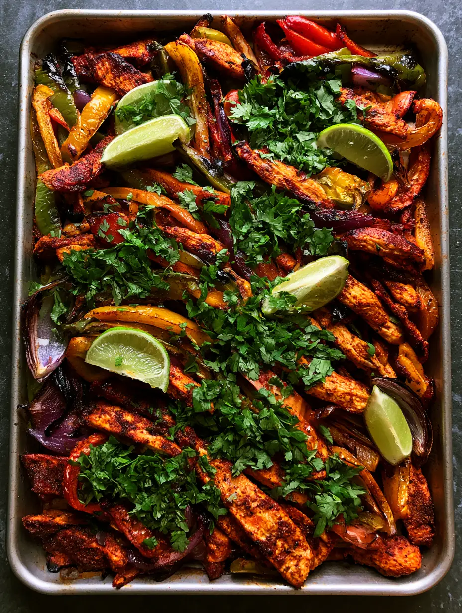 A close-up view of seared chicken breast and roasted red, yellow, and green peppers on a baking sheet. (Sheet Pan Chicken Fajitas)