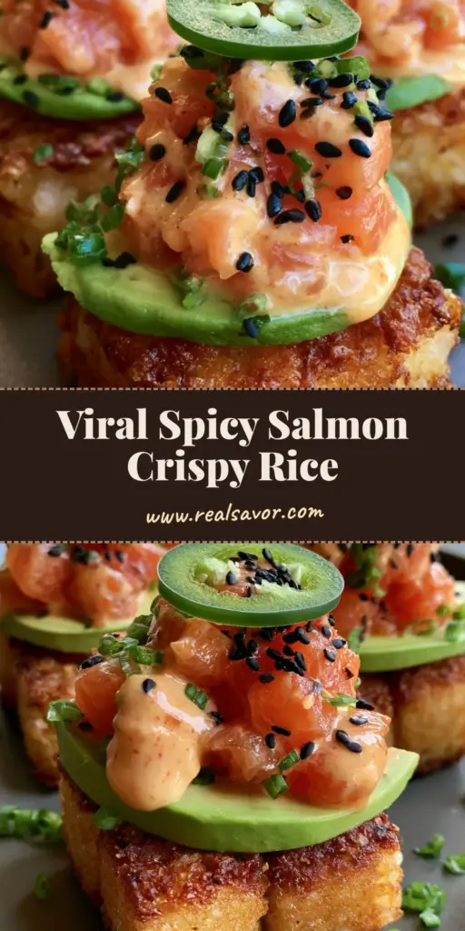 A close-up of Salmon Crispy Rice appetizers featuring pan-fried golden rice blocks topped with spicy salmon, avocado, and jalapeno slices on a dark ceramic plate.