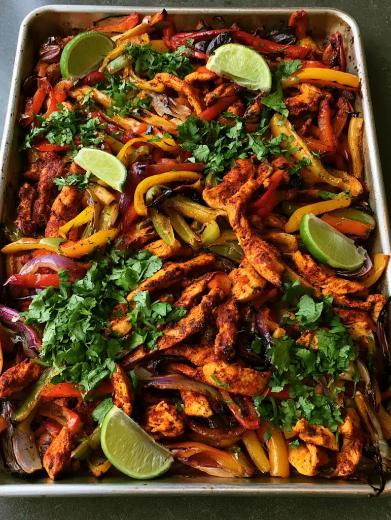 Fresh cilantro and lime wedges garnish a pan of roasted chicken and bell peppers. (Sheet Pan Chicken Fajitas)