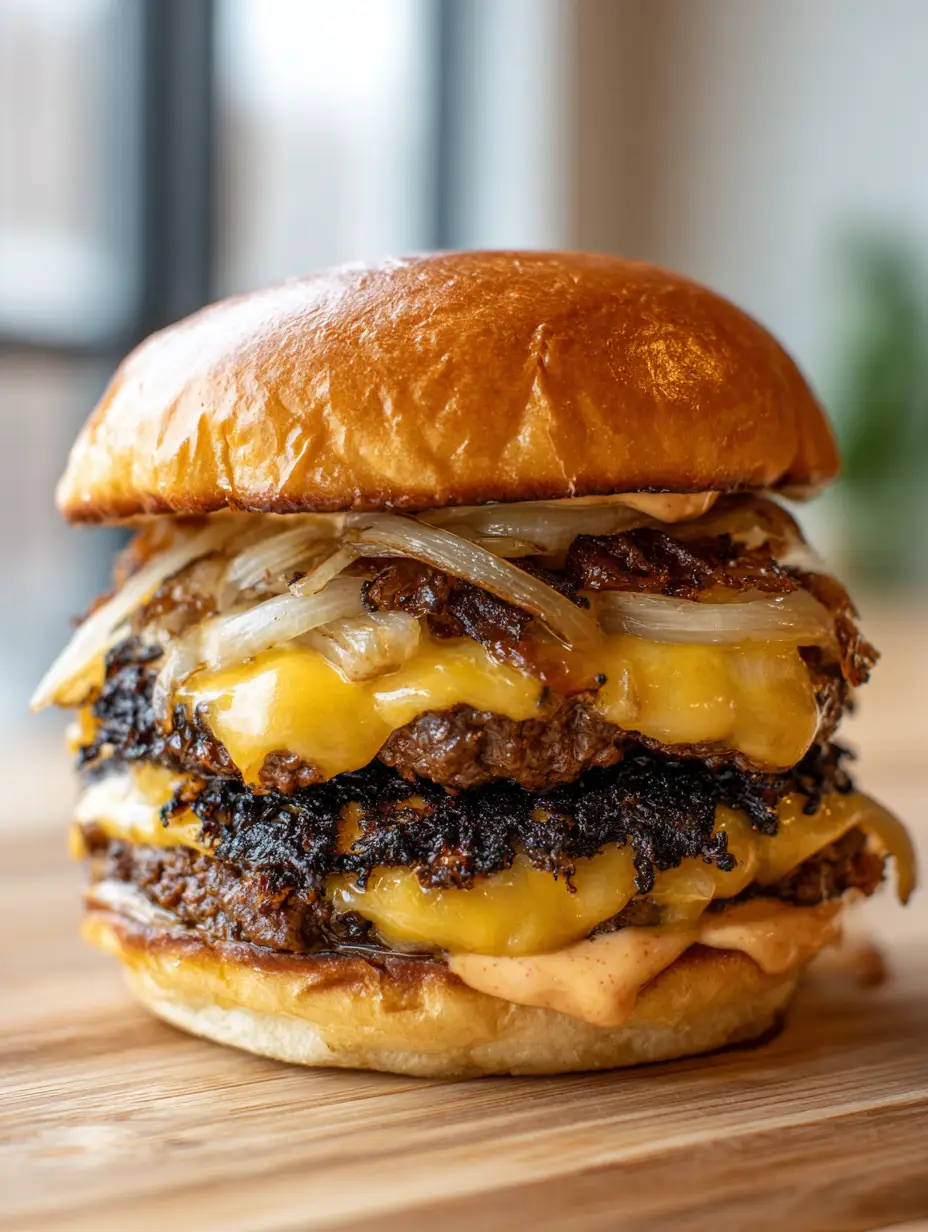 Close-up detail of the charred, lace-like crispy edges of a beef patty with translucent onions. (Oklahoma Onion Smash Burger)