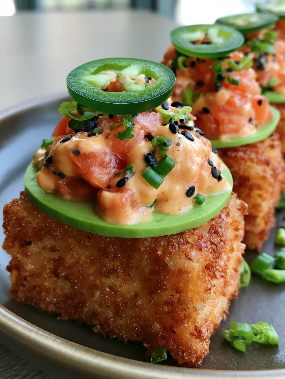 Handheld smartphone photo of Salmon Crispy Rice appetizers showing the deep golden brown crunchy rice base and thick light-orange spicy mayo salmon topping. (Salmon Crispy Rice)