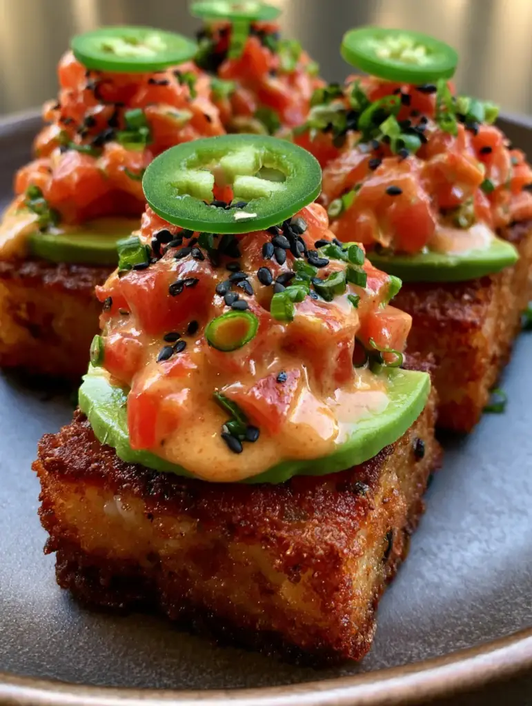 Salmon Crispy Rice appetizers arranged on a dark plate, garnished with black sesame seeds, chopped scallions, and fresh green jalapenos. (Salmon Crispy Rice)