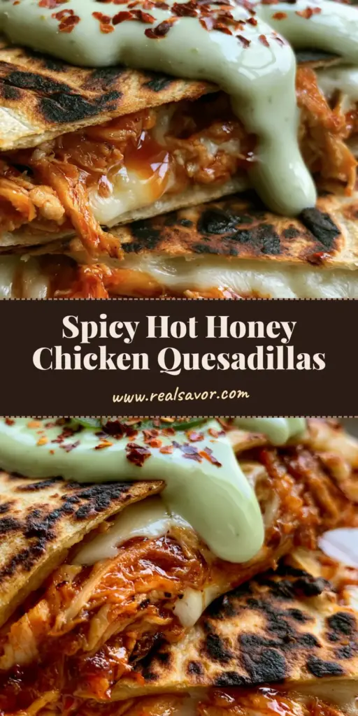 A stack of golden brown Hot Honey Chicken Quesadillas with charred spots, topped with a pale green jalapeno drizzle and fresh jalapeno slices.