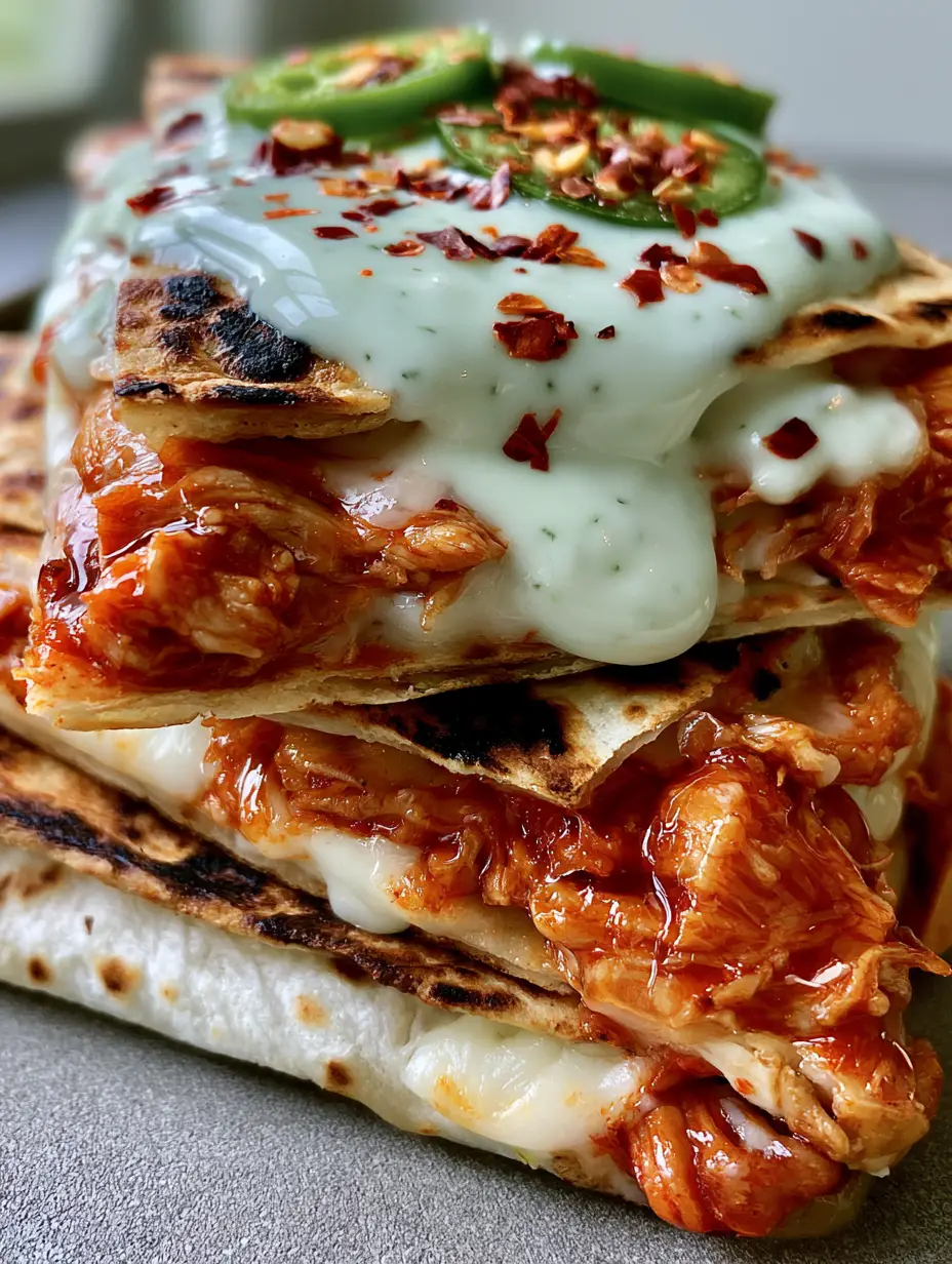 Close up of folded flour tortillas toasted with dark charred spots and filled with reddish-orange glazed chicken and white melted Monterey Jack cheese.