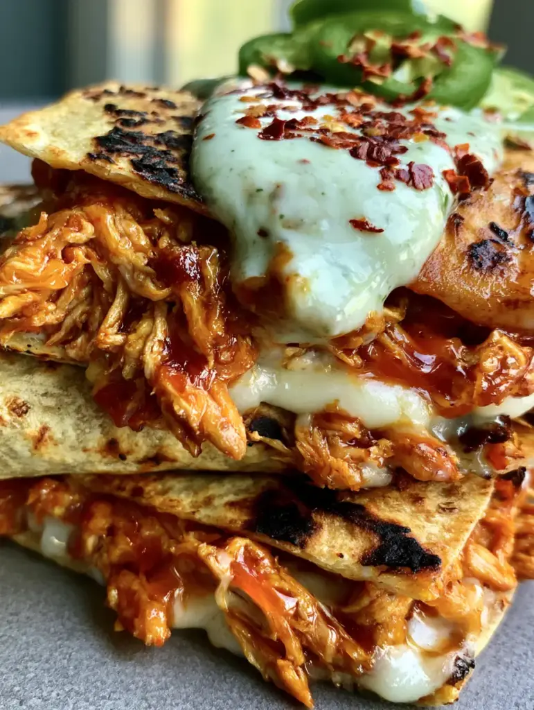 A handheld view of stacked quesadillas with an opaque pale-green jalapeno cream sauce drizzle and red chili flake garnish.