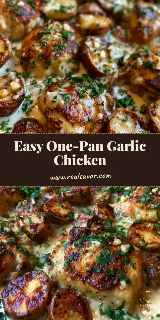 Creamy Garlic Chicken with Crispy Roasted Baby Potatoes 4 A top-down view of Creamy Garlic Chicken in a cast iron skillet with crispy potatoes and fresh parsley garnish.