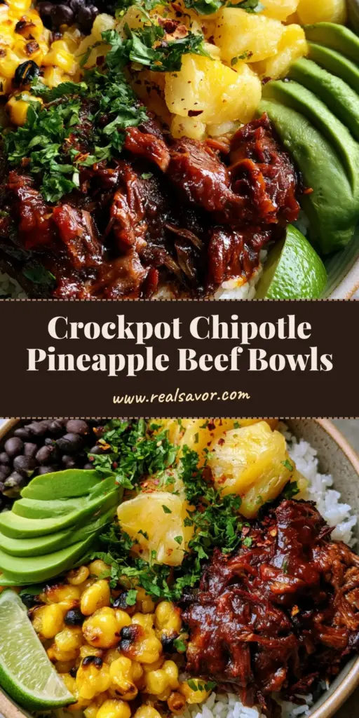 A ceramic bowl filled with Chipotle Pineapple Pot Roast, fluffy white rice, charred corn, black beans, and sliced avocado.