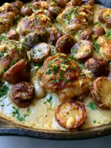 Close up of seared chicken thighs in a glossy garlic cream sauce with roasted potatoes.