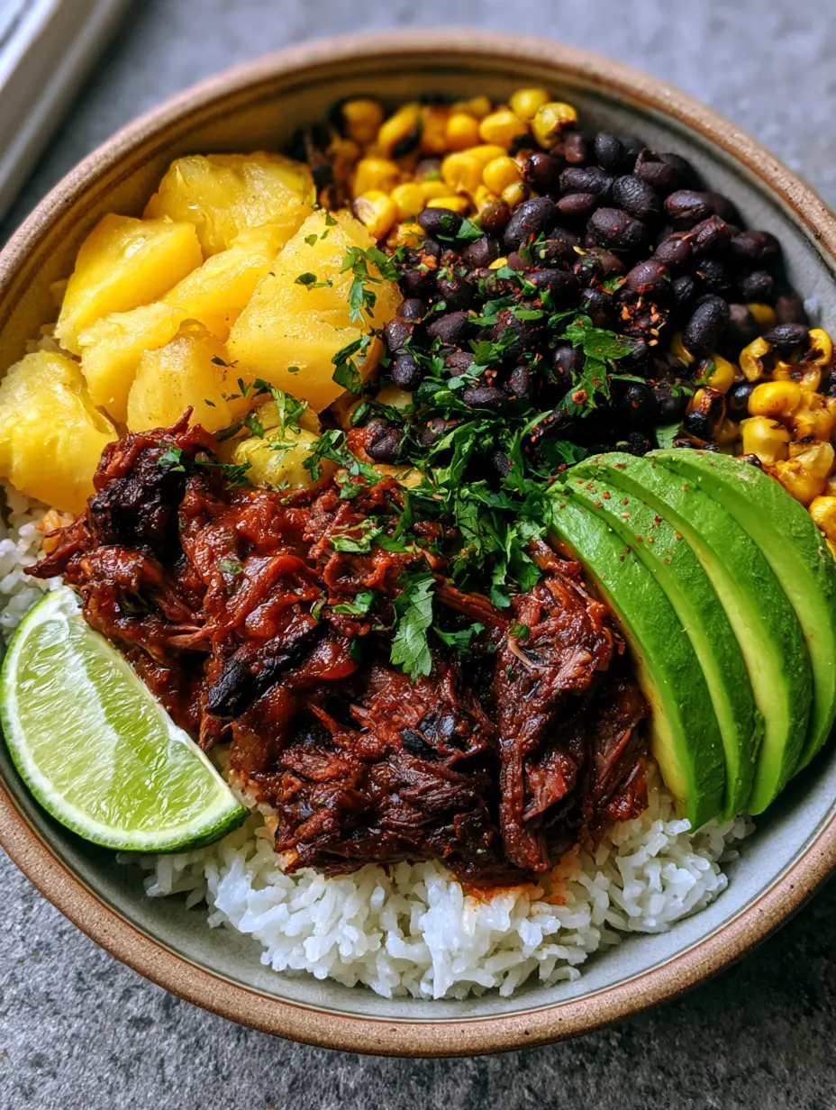 Top-down handheld photo of a Chipotle Pineapple Pot Roast bowl with shredded beef in a dark glaze and golden pineapple chunks.
