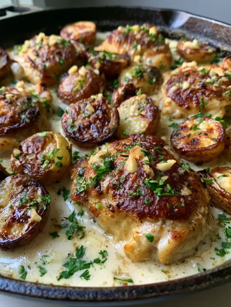 Creamy Garlic Chicken with Crispy Roasted Baby Potatoes 1 Handheld photo of a cast iron skillet filled with Creamy Garlic Chicken and blistered baby potatoes.