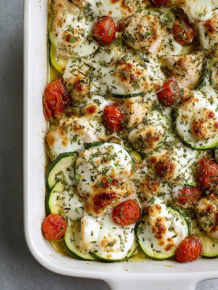 Close-up of seared chicken breast chunks and translucent zucchini rounds in a baking dish. (Chicken Zucchini Bake)