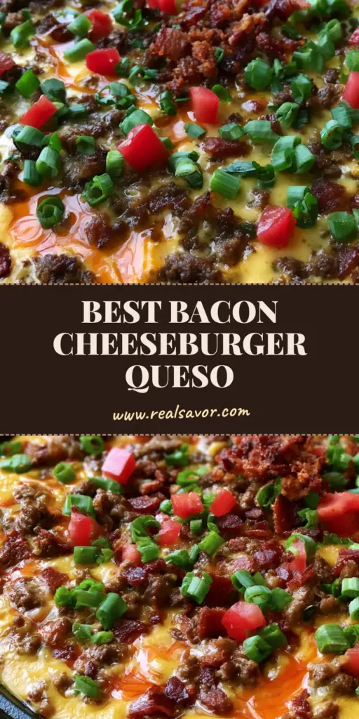 Bacon Cheeseburger Queso Dip: The Ultimate Skillet Party Appetizer 4 A high-angle shot of a Bacon Cheeseburger Queso Dip in a cast iron skillet, garnished with tomatoes and scallions.