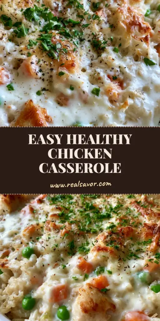 A healthy chicken and rice casserole in a white ceramic dish with a golden-brown Parmesan crust, green peas, and carrots. (Healthy Chicken and Rice Casserole)