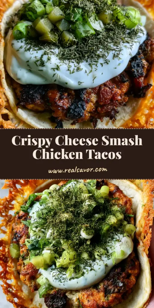 Smash Chicken Tacos with a Crispy Cheddar Cheese Lace 4 A close-up handheld photo of a single Smash Chicken Taco showing a wide crispy cheddar cheese lace perimeter and ranch drizzle.