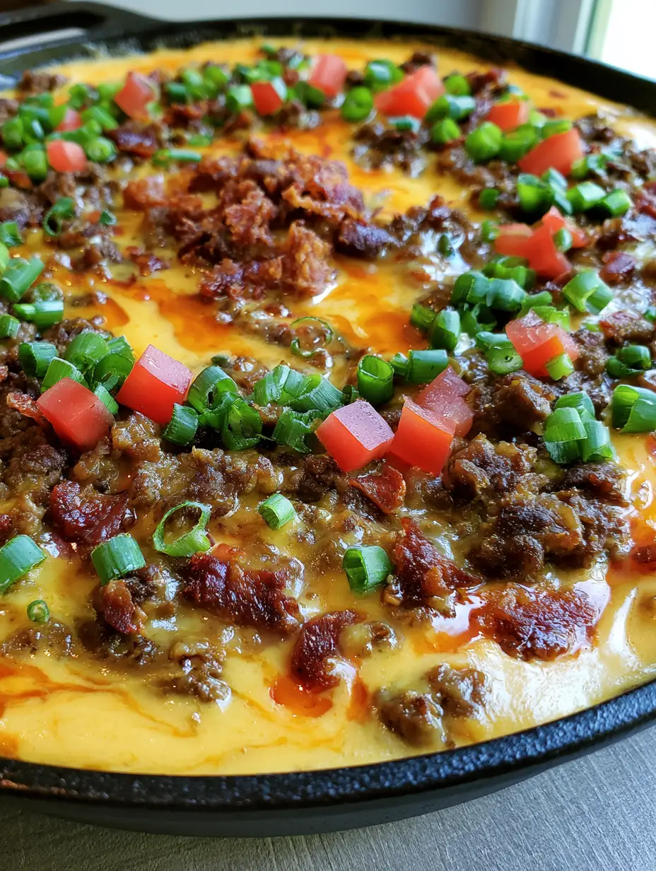 Close-up of glossy, molten yellow cheddar Bacon Cheeseburger Queso Dip with beef and bacon textures.