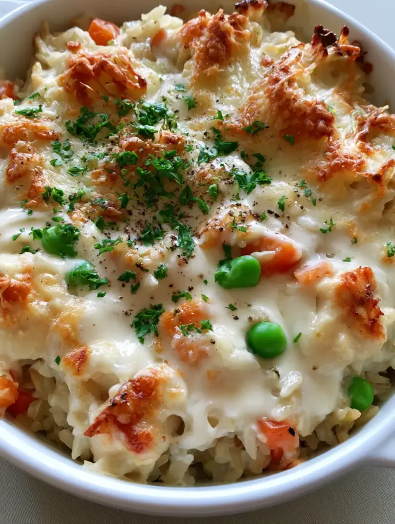 Home 6 Top-down view of a bubbling Healthy Chicken and Rice Casserole featuring seared chicken pieces and bright green peas. (Healthy Chicken and Rice Casserole)