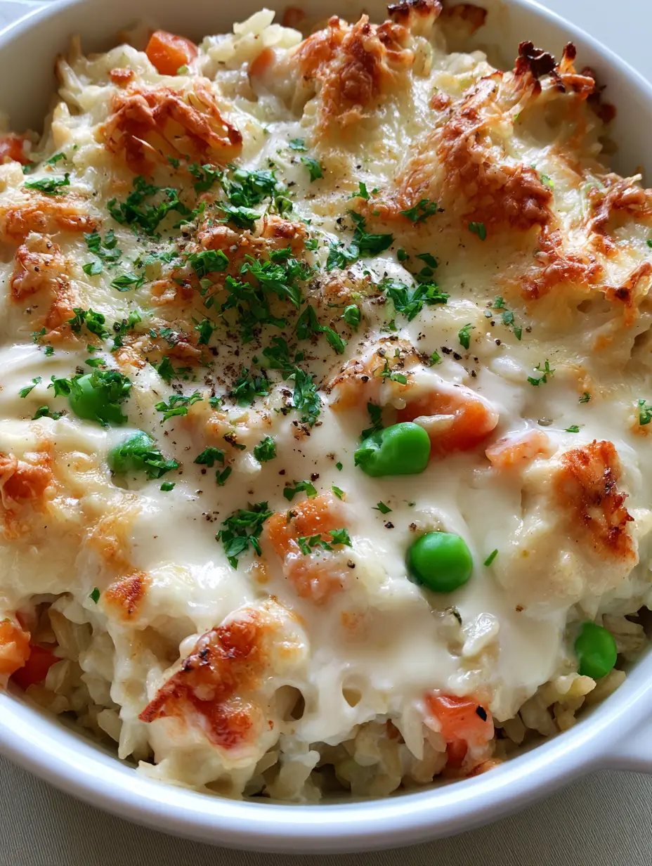 Top-down view of a bubbling Healthy Chicken and Rice Casserole featuring seared chicken pieces and bright green peas. (Healthy Chicken and Rice Casserole)