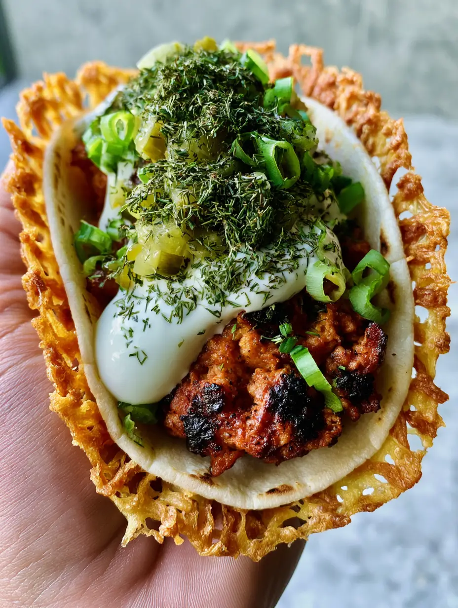 Smash Chicken Tacos with a Crispy Cheddar Cheese Lace 3 A handheld smartphone photo of a Smash Chicken Taco with charred ground chicken, white ranch drizzle, and green scallions.