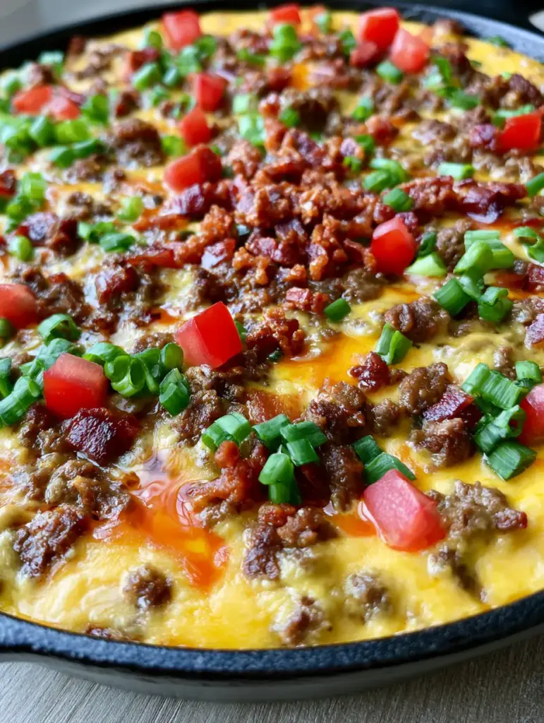 Bacon Cheeseburger Queso Dip: The Ultimate Skillet Party Appetizer 1 Heavily textured Bacon Cheeseburger Queso Dip featuring browned beef and bright red diced tomatoes.