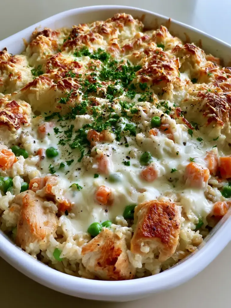 Side view of the creamy Greek yogurt sauce and melted Parmesan edges in a Healthy Chicken and Rice Casserole.