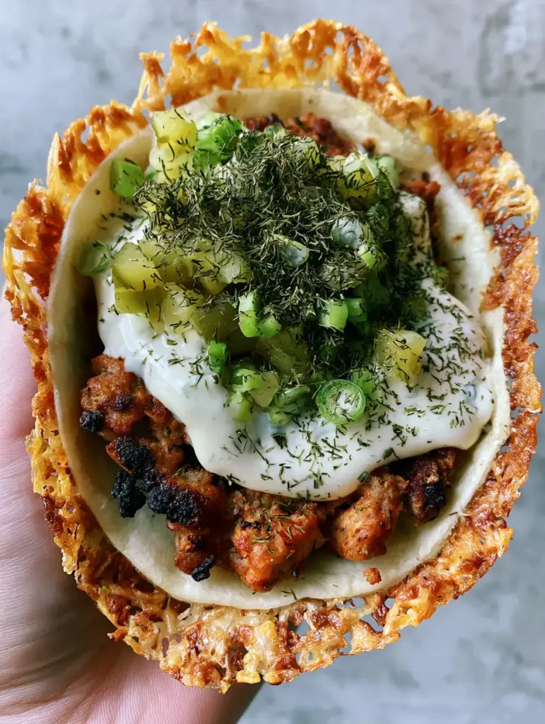 Smash Chicken Tacos with a Crispy Cheddar Cheese Lace 1 Top view of a Smash Chicken Taco highlighting the heavy sprinkle of dried dill weed and finely diced dill pickles.