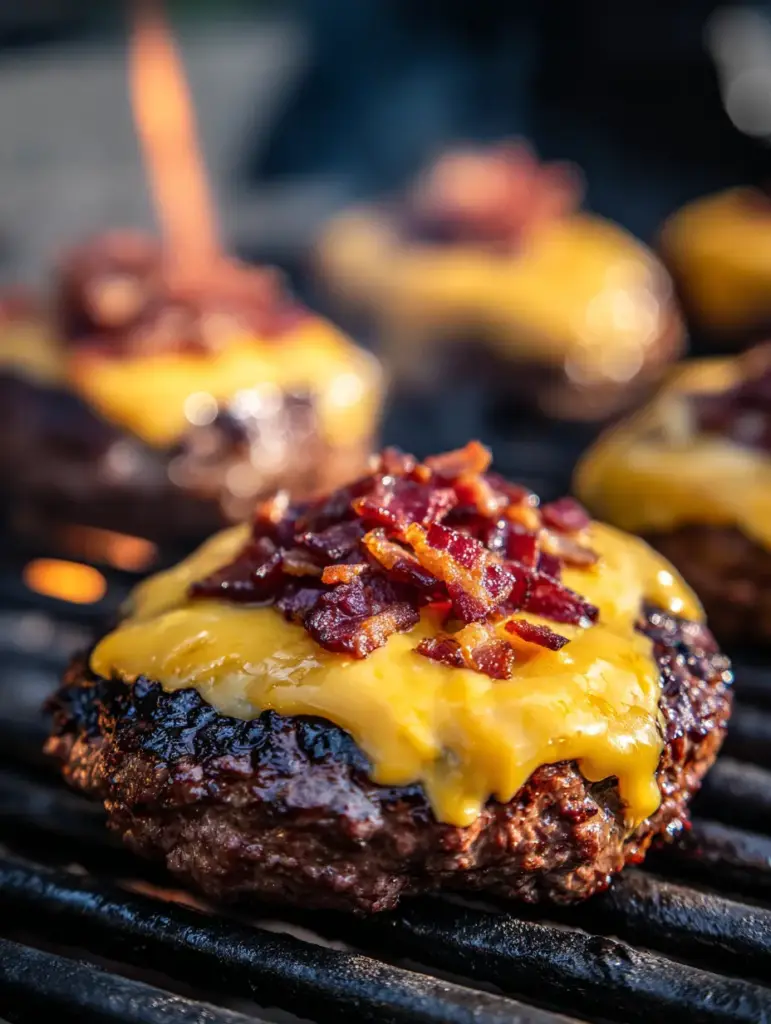 A glistening Keto Crack Burger patty with cascading melted sharp yellow cheddar and reddish-brown bacon bits.