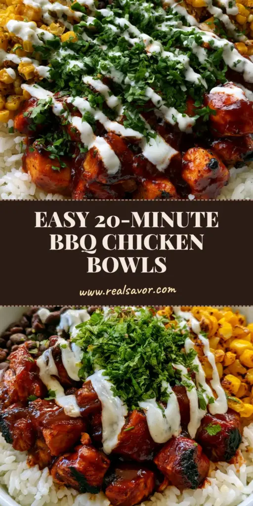 A round white bowl filled with BBQ chicken rice bowls featuring mahogany glazed chicken, fire-roasted corn, and a zigzag of lime crema on a stone surface. (BBQ Chicken Rice Bowls)