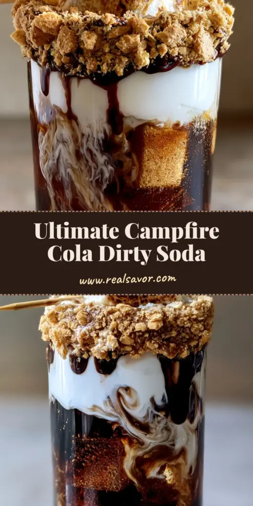A tall highball glass with Campfire Cola Dirty Soda featuring a thick graham cracker rim, chocolate drizzle, and a charred marshmallow skewer garnish.