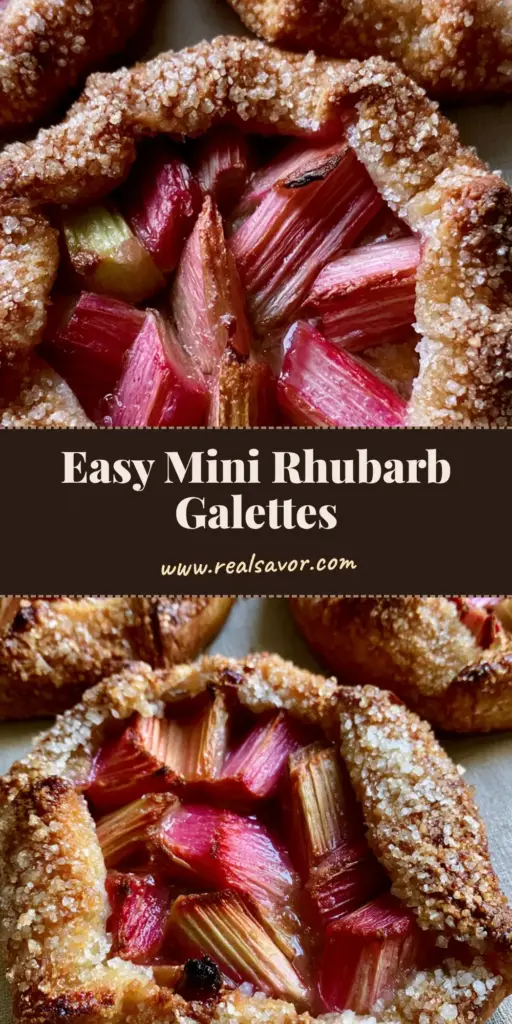 Three mini Rhubarb Galettes with rustic golden-brown crusts and vibrant pink filling on a linen surface.