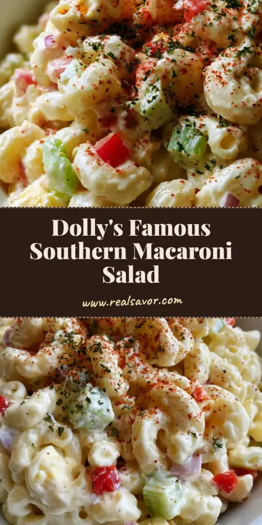 A classic Southern Macaroni Salad in a white bowl, showing creamy ivory dressing, red peppers, and egg chunks. (Southern Macaroni Salad)