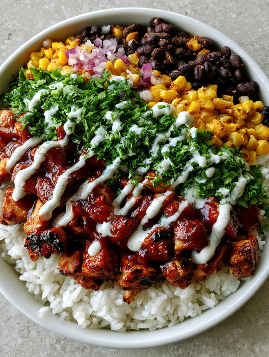 Top down view of glossy mahogany BBQ chicken and bright yellow corn in a white bowl. (BBQ Chicken Rice Bowls)