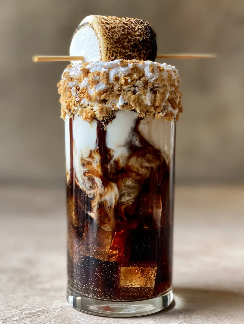 A close up shot showing the dark brown carbonated cola and the marbled cream swirl of a Campfire Cola Dirty Soda.