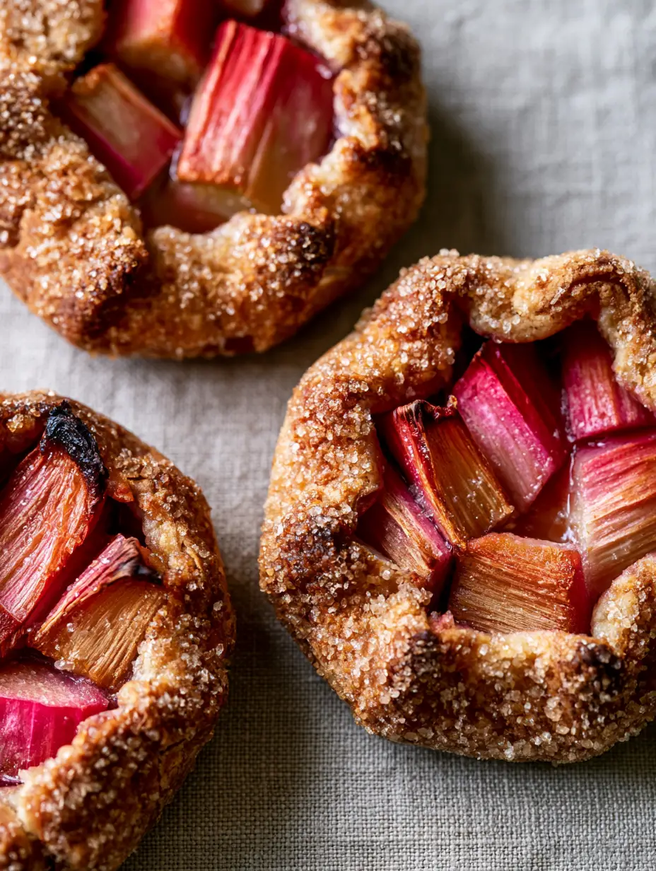 Close-up of Rhubarb Galettes showing flaky pastry and charred rhubarb edges.